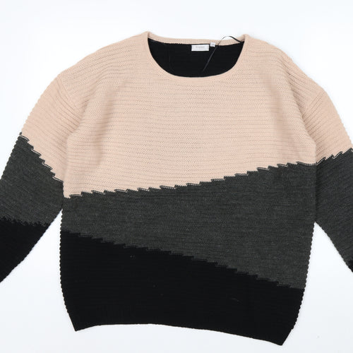 Fransa Womens Beige Grey Black Colour Block Knit Jumper L