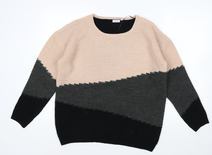 Fransa Womens Beige Grey Black Colour Block Knit Jumper L