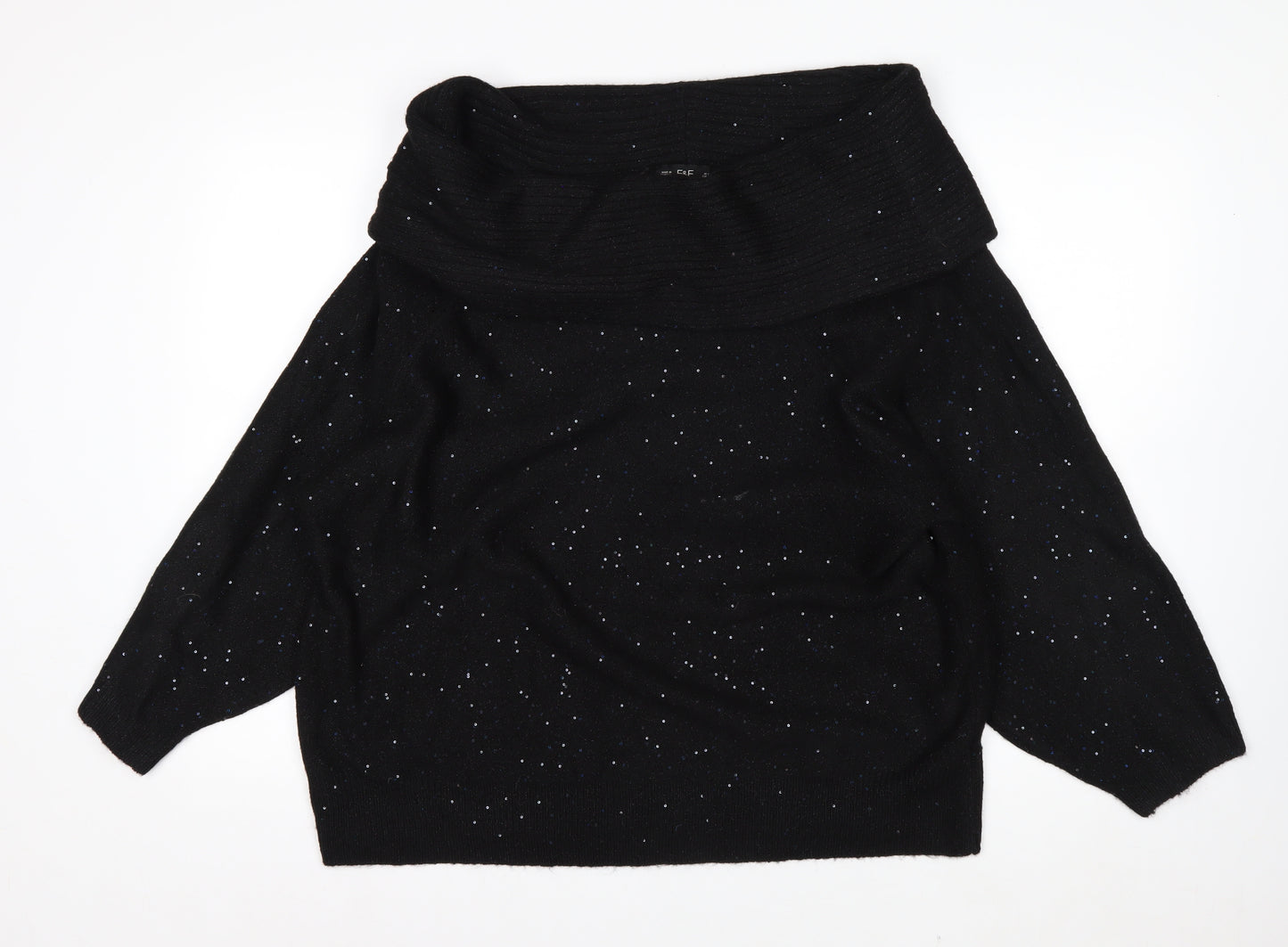 F&F Womens Black XL Glitter Cowl Neck 3/4 Sleeve Pullover Jumper