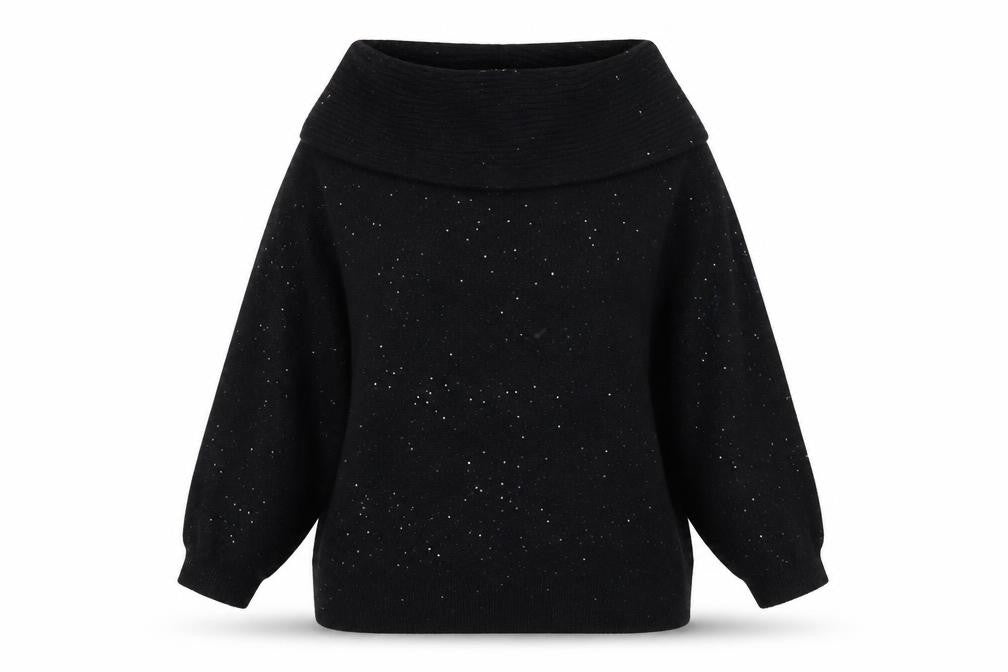 Front view of F&F women’s black xl glitter cowl neck 3/4 sleeve jumper
