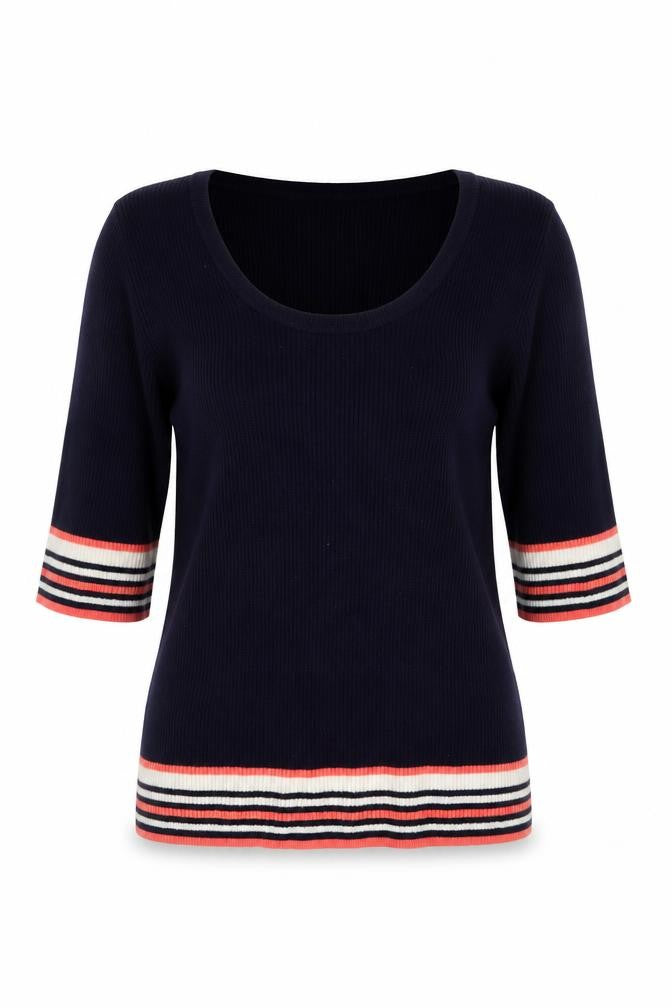 Oasis Women’s Navy Striped 3/4 Sleeve Knit Top Size M