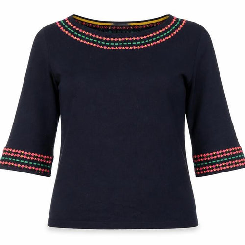 Boden Women’s Blue Embroidered Cotton 3/4 Sleeve Pullover Jumper XS