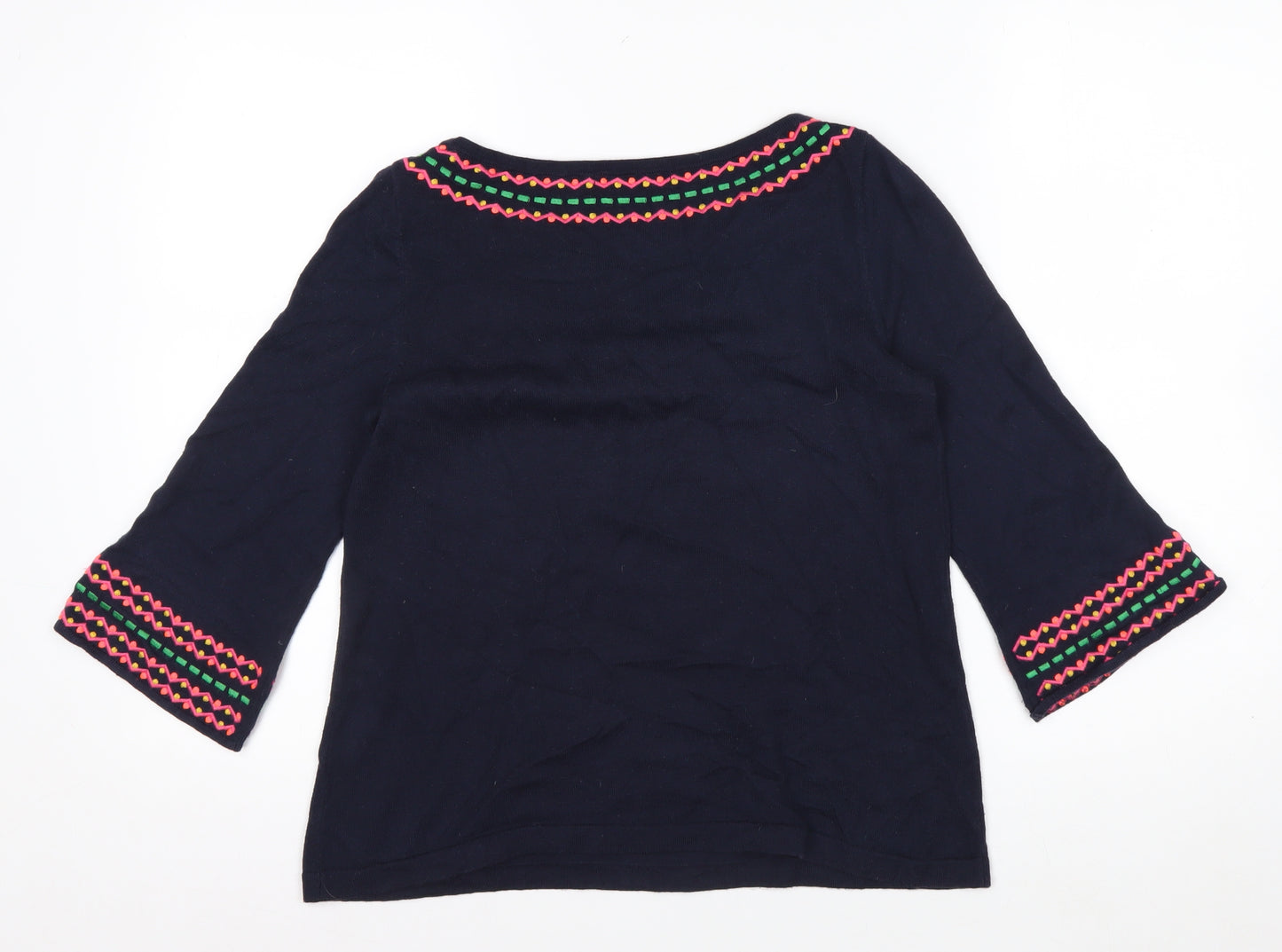 Boden Women’s Blue Embroidered Cotton 3/4 Sleeve Pullover Jumper XS