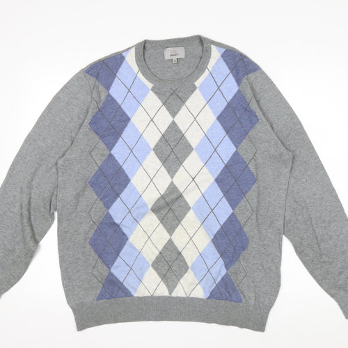 Marks and Spencer Men's Grey Argyle Cotton Jumper M Regular Fit