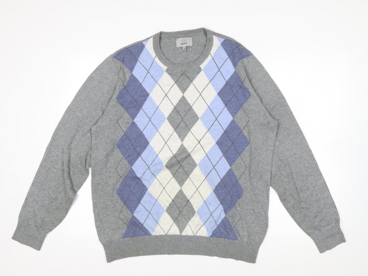 Marks and Spencer Men's Grey Argyle Cotton Jumper M Regular Fit