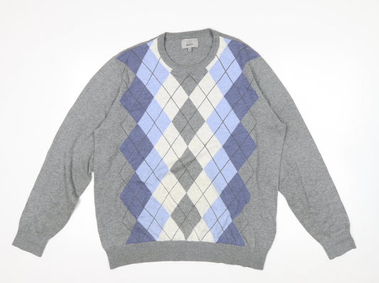 Marks and Spencer Men's Grey Argyle Cotton Jumper M Regular Fit