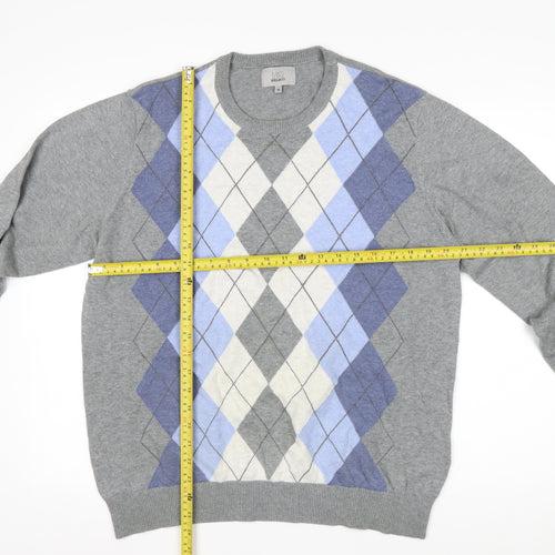 Marks and Spencer Men's Grey Argyle Cotton Jumper M Regular Fit