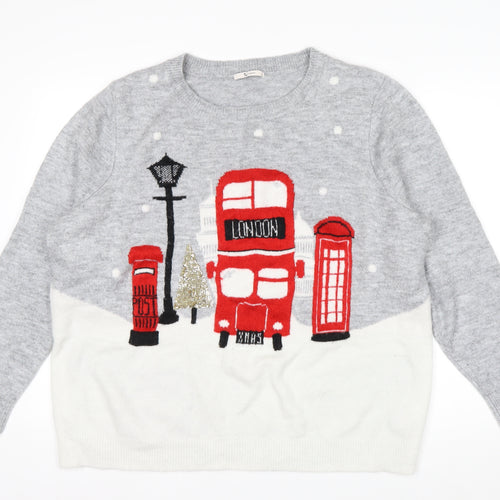 Tu Women Grey Christmas London Bus Jumper Size 22 Pullover Knit