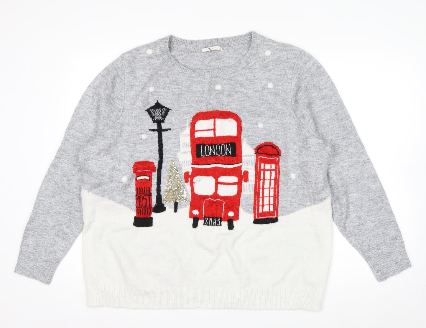 Tu Women Grey Christmas London Bus Jumper Size 22 Pullover Knit