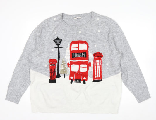 Tu Women Grey Christmas London Bus Jumper Size 22 Pullover Knit