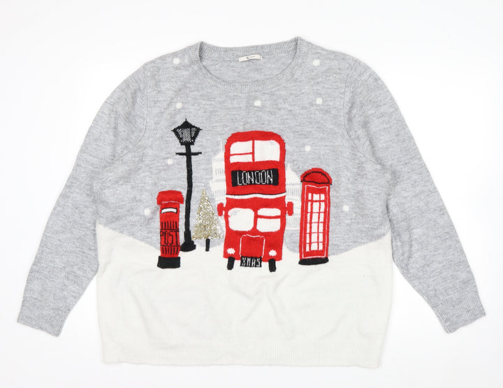 Tu Women Grey Christmas London Bus Jumper Size 22 Pullover Knit