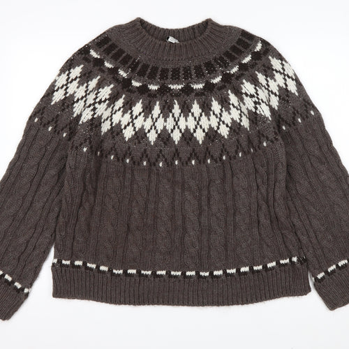 Marks and Spencer Women's Brown Fair Isle Cable-Knit Jumper M
