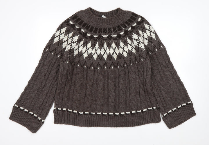 Marks and Spencer Women's Brown Fair Isle Cable-Knit Jumper M