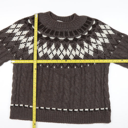 Marks and Spencer Women's Brown Fair Isle Cable-Knit Jumper M