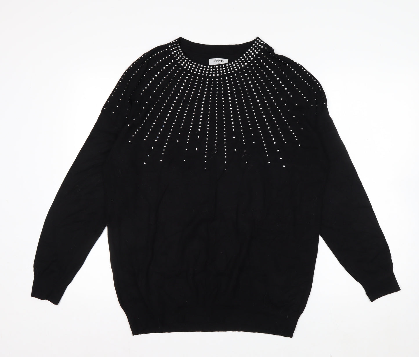 Soon Womens Black Rhinestone Crew Neck Jumper Size 14