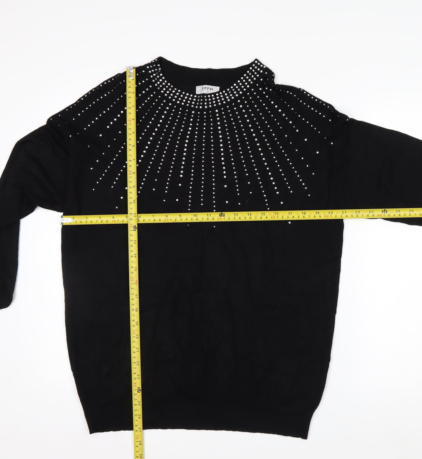 Soon Womens Black Rhinestone Crew Neck Jumper Size 14