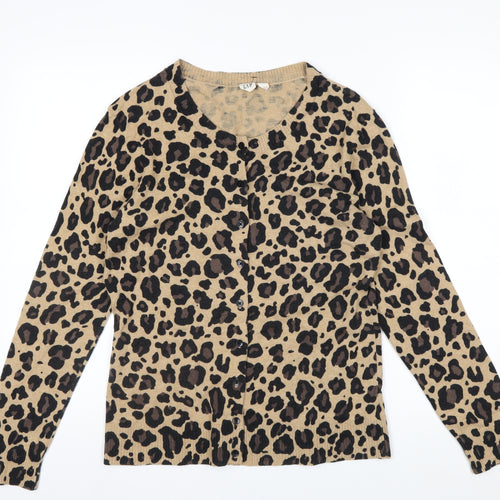 GAP Women Beige Leopard Print Button Cardigan L Long Sleeve Knit