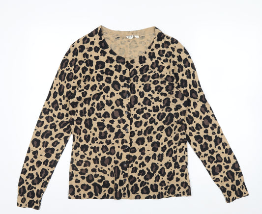 GAP Women Beige Leopard Print Button Cardigan L Long Sleeve Knit