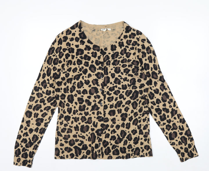 GAP Women Beige Leopard Print Button Cardigan L Long Sleeve Knit