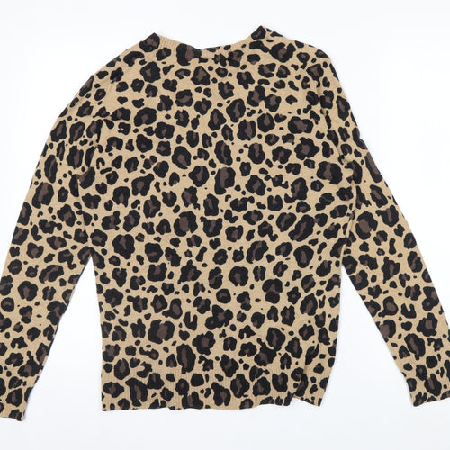 GAP Women Beige Leopard Print Button Cardigan L Long Sleeve Knit