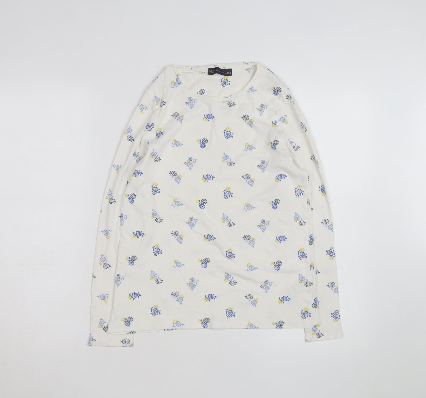 Marks and Spencer Women's White Floral Long Sleeve Cotton T-Shirt Size 16