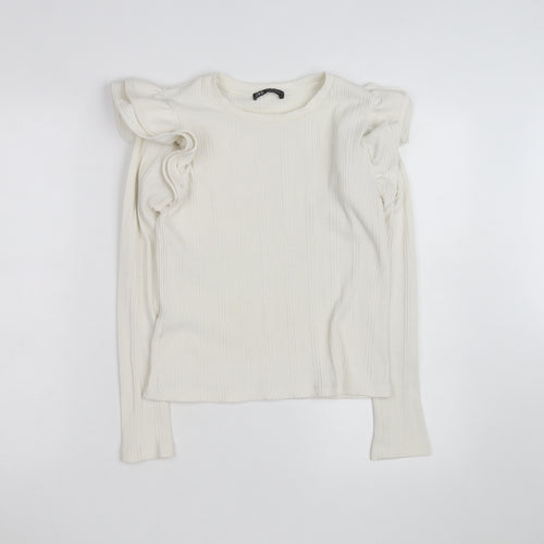 ZARA Women Ivory Ruffle Long Sleeve Slim Fit Pullover Jumper Size S