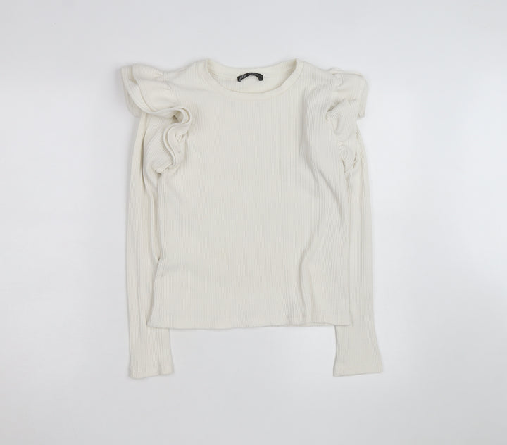 ZARA Women Ivory Ruffle Long Sleeve Slim Fit Pullover Jumper Size S