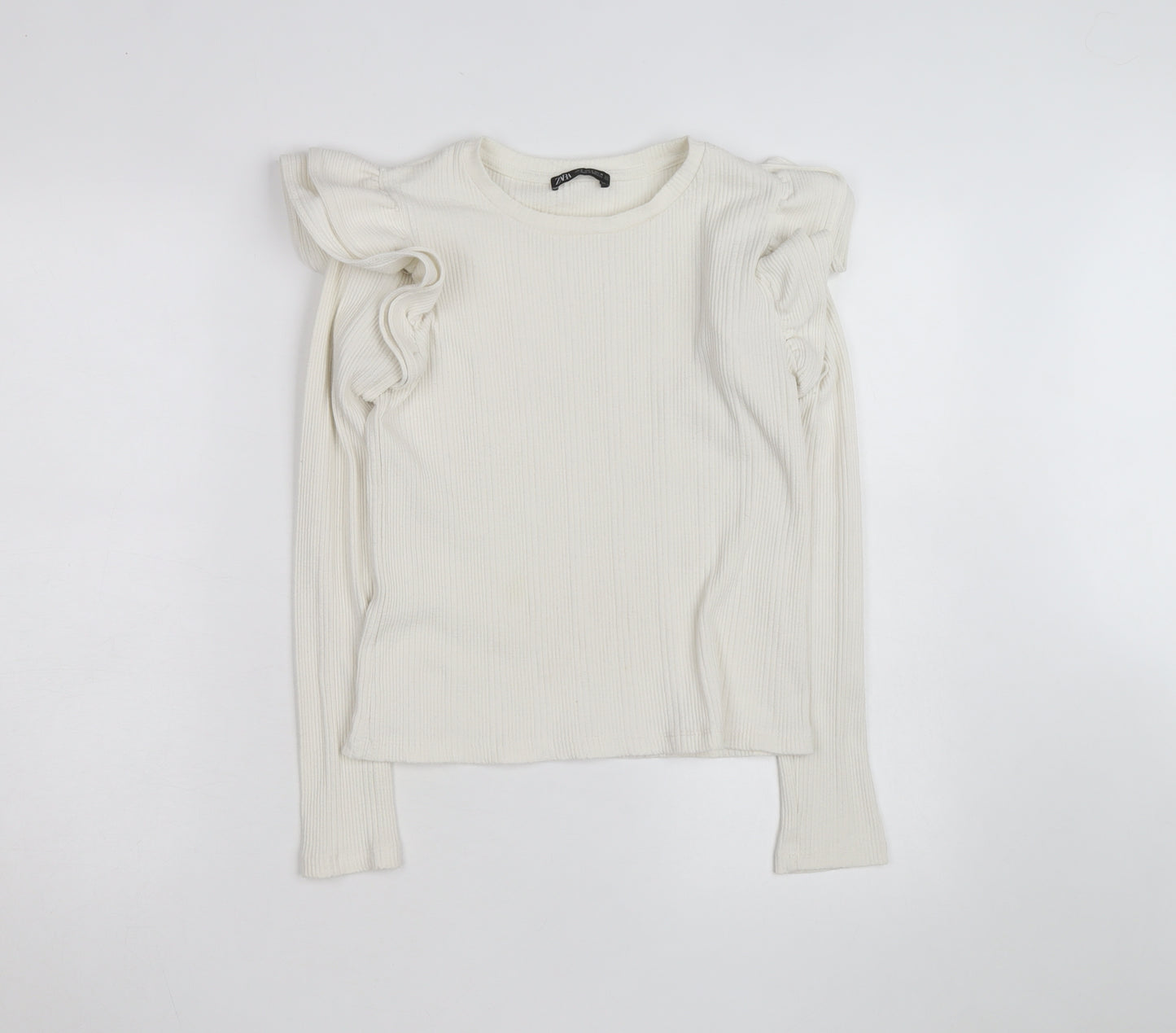 ZARA Women Ivory Ruffle Long Sleeve Slim Fit Pullover Jumper Size S