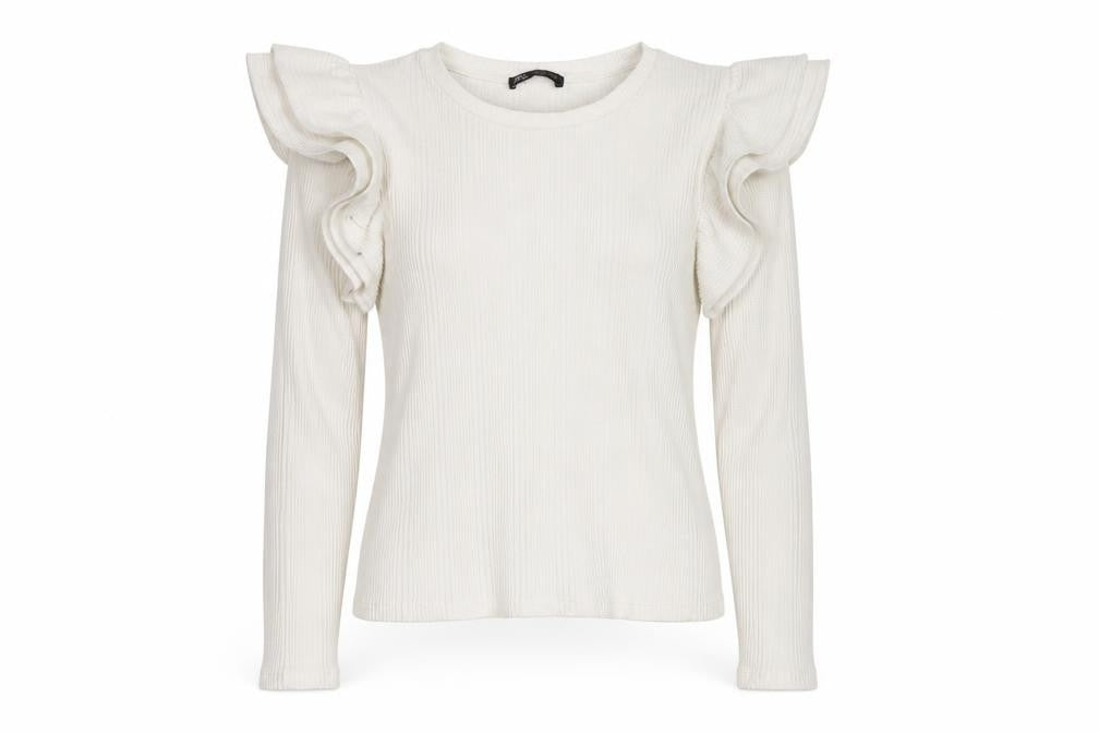 Front view of Zara Women Ivory Ruffle Long Sleeve Slim Fit jumper, size S