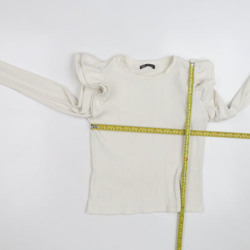 ZARA Women Ivory Ruffle Long Sleeve Slim Fit Pullover Jumper Size S