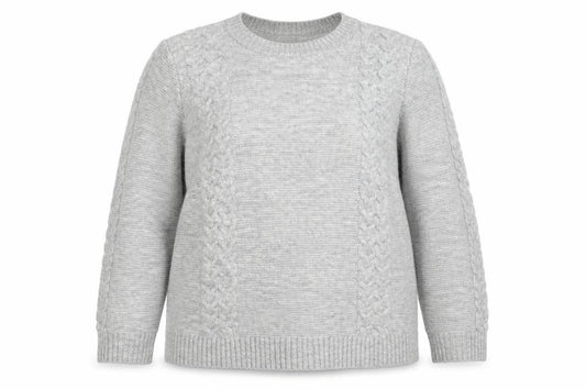 Front view of Isle Women Grey Cable-Knit Crew Neck jumper, size 18-20
