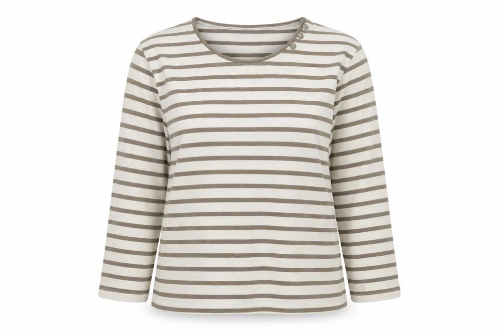 Front view of Fabrizio Women Beige Striped Cotton Long Sleeve Basic T-Shirt, size 16