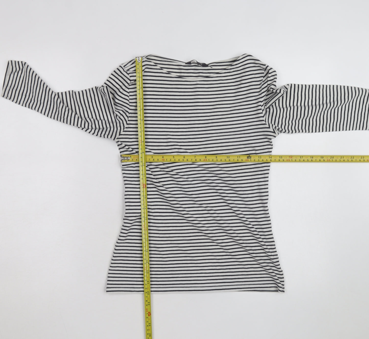 Marks and Spencer Women's Black Striped 3/4 Sleeve Boat Neck T-Shirt Size 8
