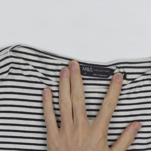 Marks and Spencer Women's Black Striped 3/4 Sleeve Boat Neck T-Shirt Size 8