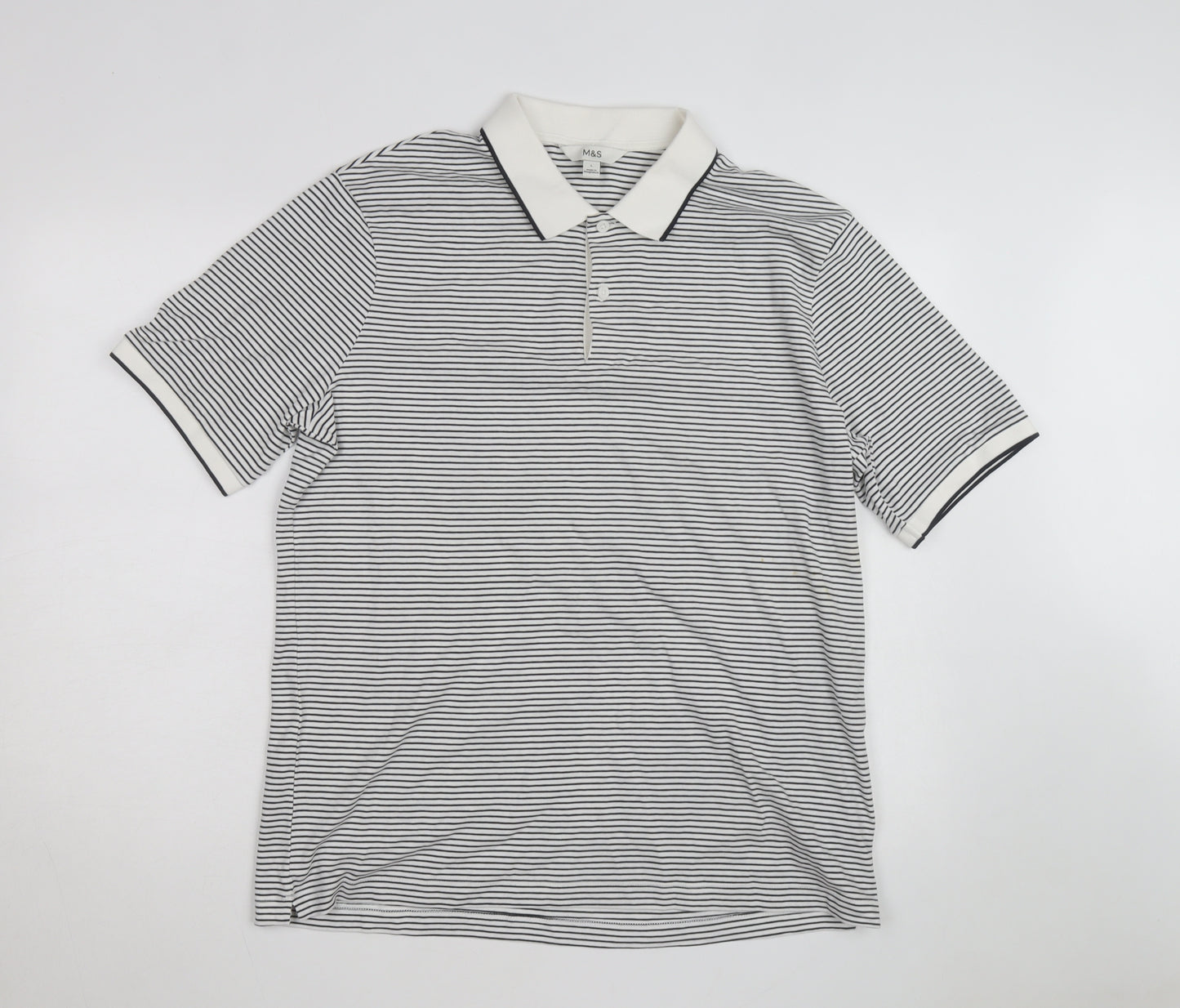 Marks and Spencer Men's White Striped Cotton Polo Shirt Size L