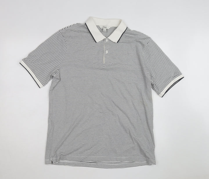 Marks and Spencer Men's White Striped Cotton Polo Shirt Size L