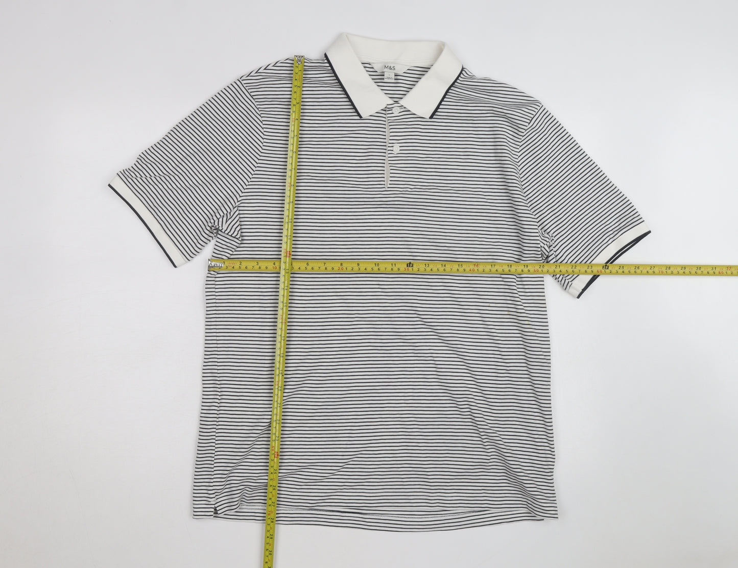 Marks and Spencer Men's White Striped Cotton Polo Shirt Size L
