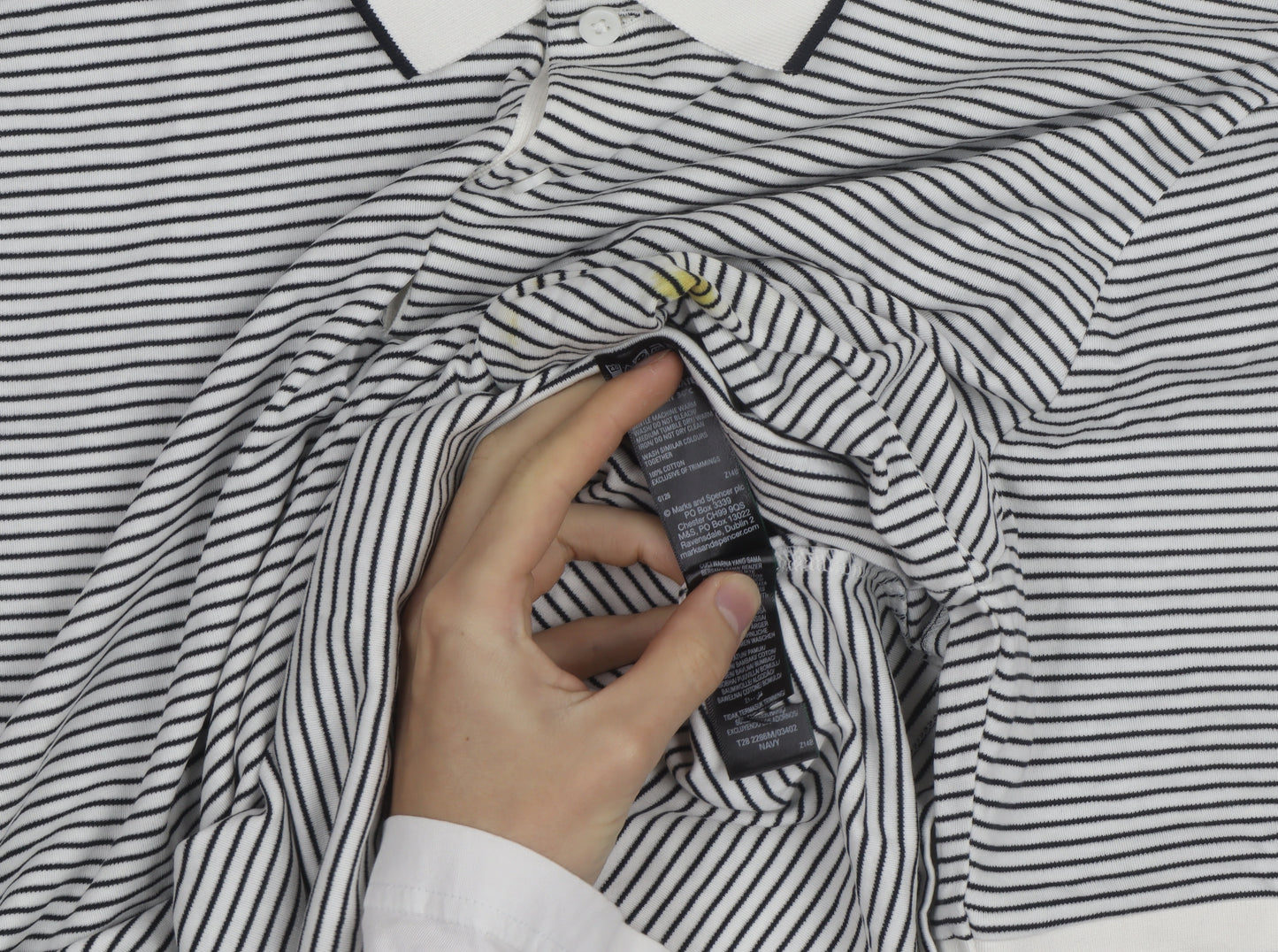 Marks and Spencer Men's White Striped Cotton Polo Shirt Size L