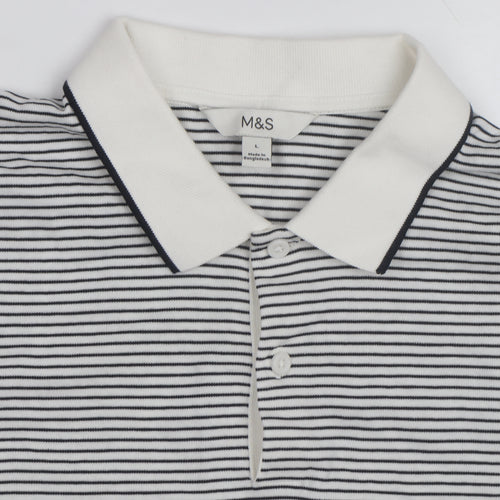 Marks and Spencer Men's White Striped Cotton Polo Shirt Size L