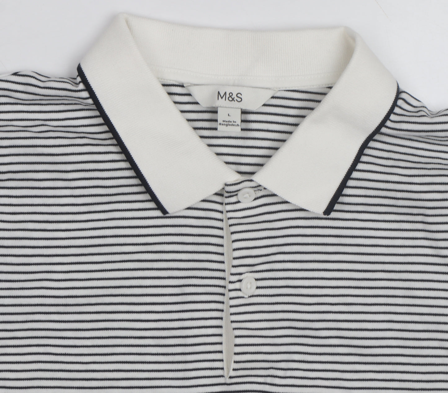 Marks and Spencer Men's White Striped Cotton Polo Shirt Size L