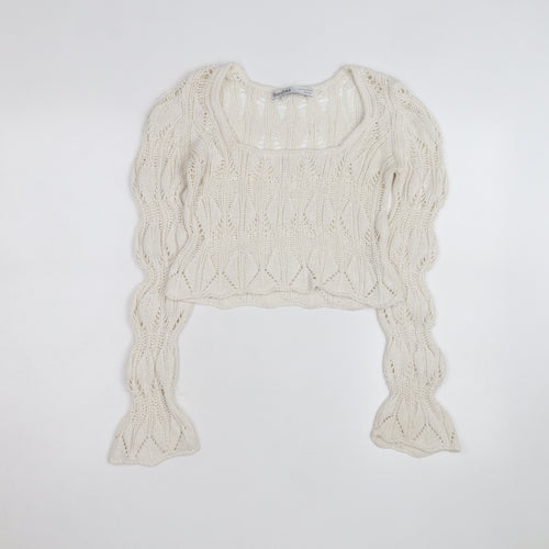 Bershka Women’s Ivory Open-Knit Square Neck Jumper Size 6