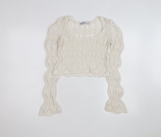 Bershka Women’s Ivory Open-Knit Square Neck Jumper Size 6