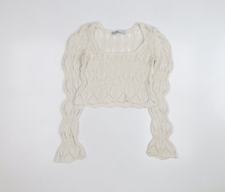 Bershka Women’s Ivory Open-Knit Square Neck Jumper Size 6