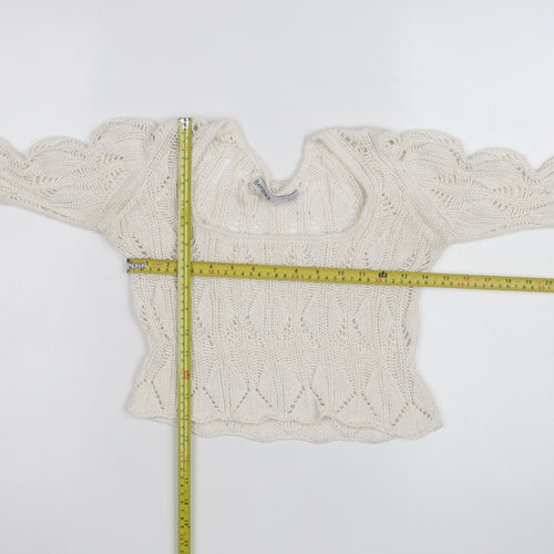 Bershka Women’s Ivory Open-Knit Square Neck Jumper Size 6