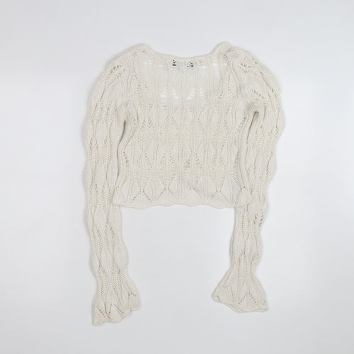 Bershka Women’s Ivory Open-Knit Square Neck Jumper Size 6