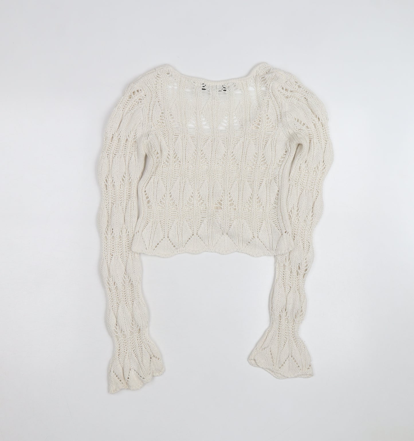 Bershka Women’s Ivory Open-Knit Square Neck Jumper Size 6