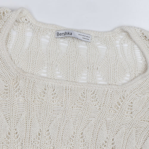 Bershka Women’s Ivory Open-Knit Square Neck Jumper Size 6