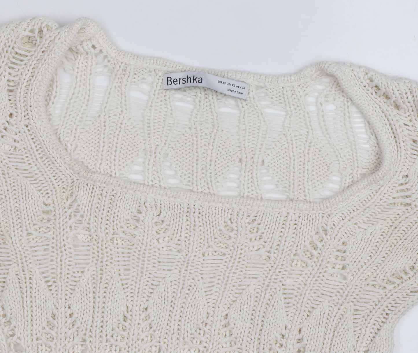 Bershka Women’s Ivory Open-Knit Square Neck Jumper Size 6