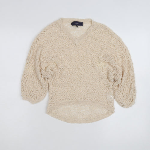 Lumière Women's Beige Open Knit V-Neck Pullover Jumper M