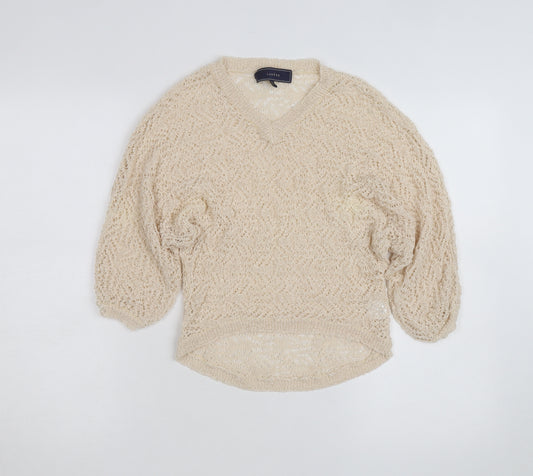 Lumière Women's Beige Open Knit V-Neck Pullover Jumper M